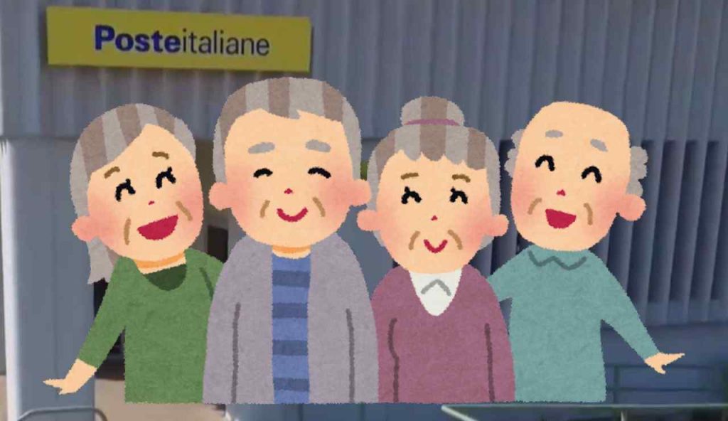 Anziani felici in ufficio postale